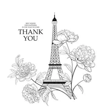 Wedding invitation card template. Eiffel tower simbol with spring blooming Stock Illustration