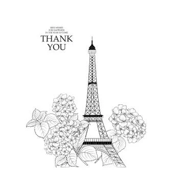 Wedding invitation card template. Eiffel tower simbol with spring blooming Stock Illustration