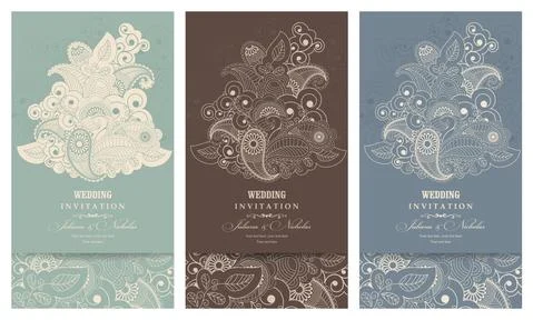 Wedding invitation cards blue, green and  brown color Stock Illustration