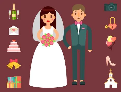 Wedding invitation celebration set flat anniversary romance decoration couple Stock Illustration