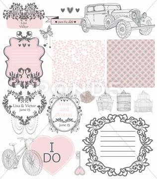 Wedding invitation collection of vintage elements Stock Illustration