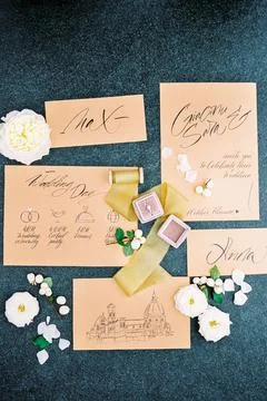 Wedding invitation on a dark background surrounded by flowers, branches and Fotos Stock
