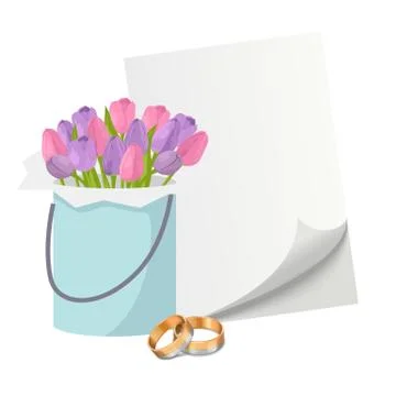 Wedding invitation elements with gold rings, tulips flower bouquet and blank Illustrazione stock