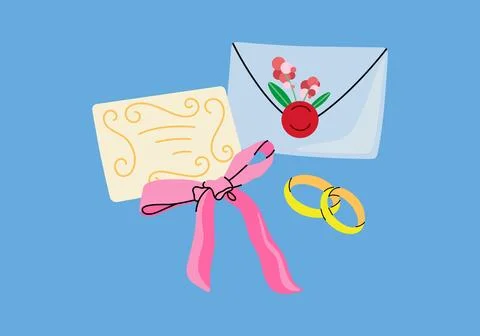 Wedding invitation, envelope and wedding rings Stock Illustration