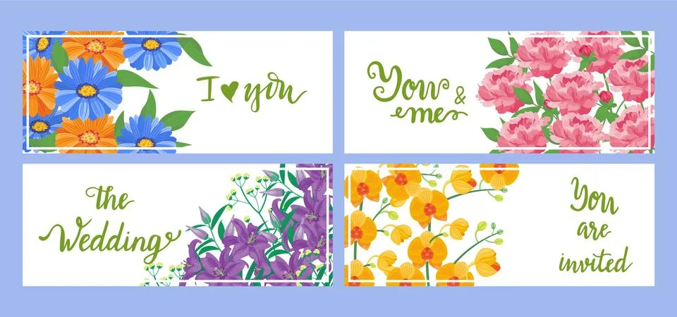 Wedding invitation with flower set, vector illustration. Graphic floral pattern 스톡 일러스트