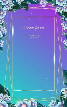 Wedding invitation with flowers, blue gradient and with a gold frame on a blue Stock Illustration