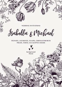 Wedding invitation with flowers. Illustrazione stock
