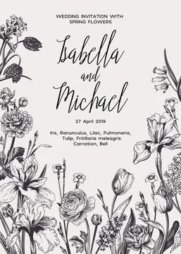 Wedding invitation with flowers. Illustrazione stock