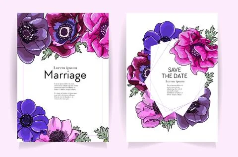 Wedding invitation frame set. Anemone flowers, leaves isolated on white. Sket Stock-Illustration