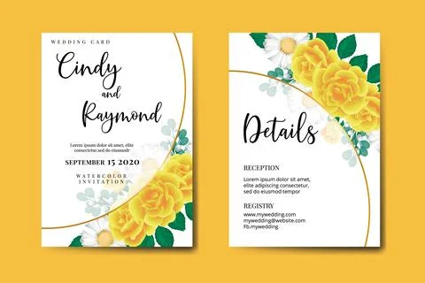 Wedding invitation frame set, floral watercolor Digital hand drawn Yellow R.. Stock Illustration