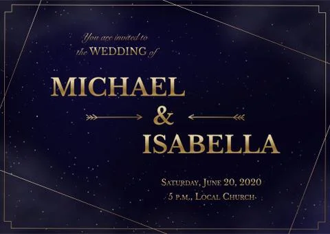 Wedding invitation horizontal card on magic night dark blue sky with sparkling Stockillustratie