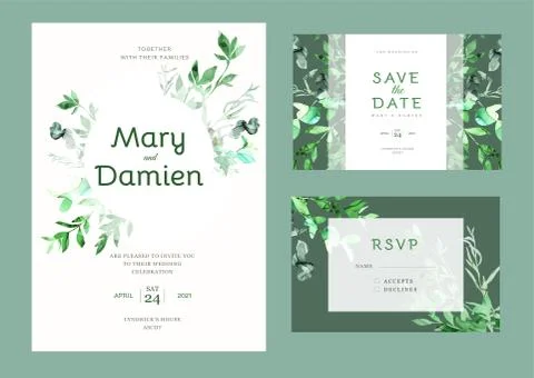 Wedding invitation kit decorated with green leaves Stock Illustration