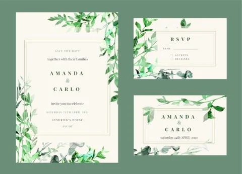 Wedding invitation kit decorated with hand painted green botanicals Stock Illustration