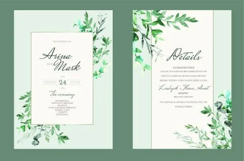Wedding invitation kit decorated with hand painted green botanicals Stock Illustration