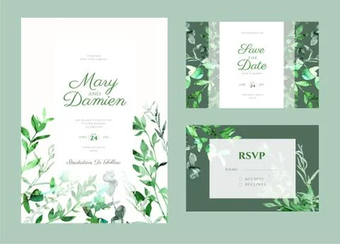 Wedding invitation kit decorated with hand painted green botanicals Stock Illustration