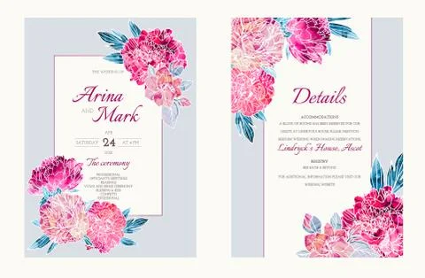 Wedding invitation kit decorated with hand painted peonies Stock Illustration