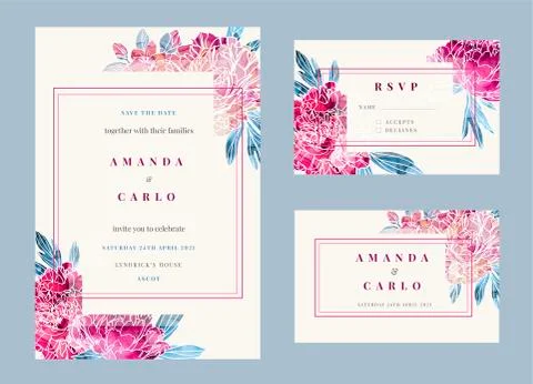 Wedding invitation kit decorated with hand painted alcohol ink peonies Stock Illustration