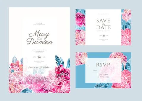 Wedding invitation kit decorated with hand painted peonies Stock Illustration