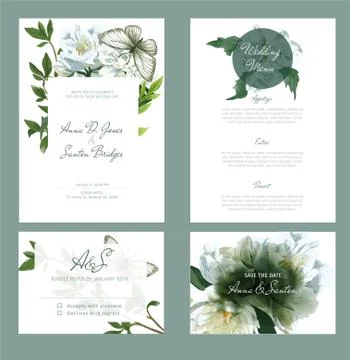 Wedding invitation kit decorated with hand painted watercolor jasmine flowers Stock Illustration
