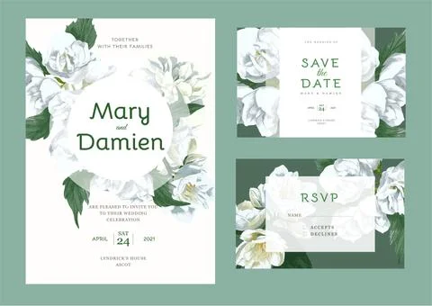 Wedding invitation kit decorated with hand painted watercolor jasmine flowers Stock Illustration