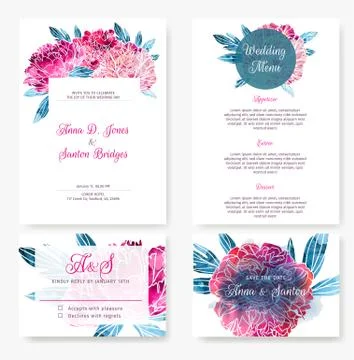 Wedding invitation kit with hand painted peonies Stock Illustration