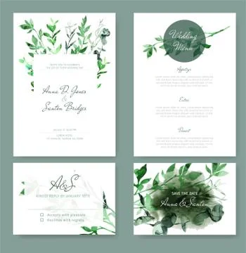 Wedding invitation kit with tiny green botanicals Stock Illustration