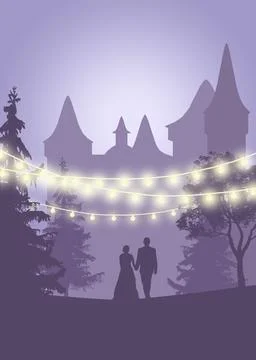 Wedding invitation. Save date card lights. Lavender illustration, couple, castle Stock Illustration