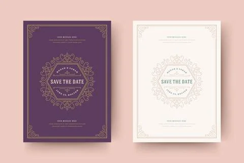 Wedding invitation save the date card flourishes ornaments vignette swirls .. Stock Illustration