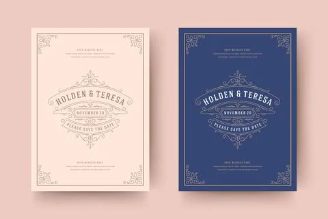 Wedding invitation save the date card template flourishes ornaments vignette  Stock Illustration