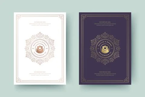 Wedding invitation save the date card template golden flourishes ornaments .. Illustrazione stock