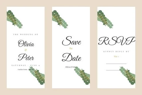 Wedding invitation set, botanical eucalyptus and gold, 3 cards Stock Illustration