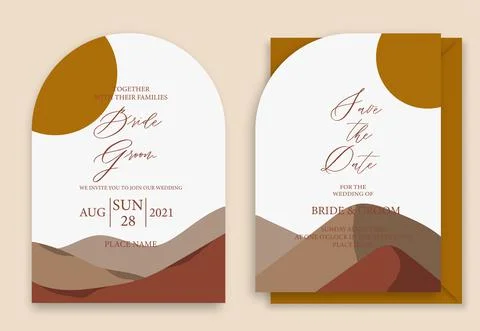 Wedding invitation set with mountains, river and fir-tree. Stock Illustration