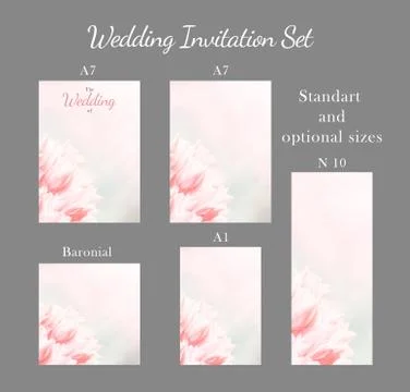 Wedding invitation set, pink tulips, vertical, optional sizes.  Stock Photos