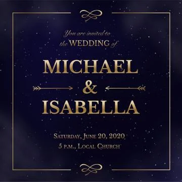 Wedding invitation square card on magic night dark blue sky with sparkling stars Stock Illustration