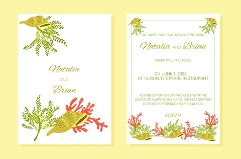 Wedding invitation Summer sea theme plants layout. Illustrazione stock