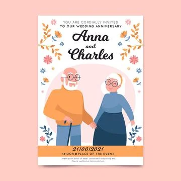 Wedding invitation template with illustrated elderly people Ilustração Stock