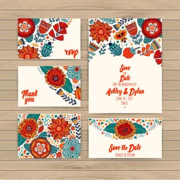 Wedding Invitation Template, invitation, envelope, thank you card Stock Illustration