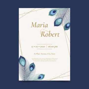 Wedding invitation template with peacock feathers Ilustração Stock