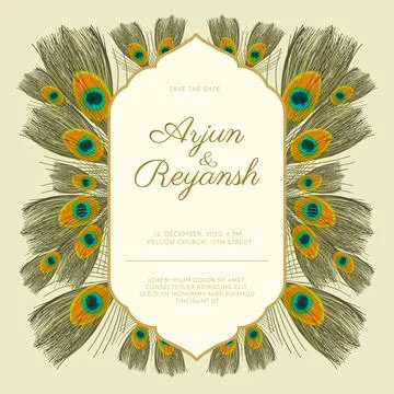 Wedding invitation template peacock feathers style Ilustração Stock