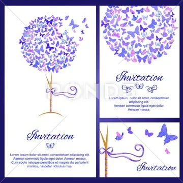Wedding Invitation Template Set With Butterflies In Blue Color