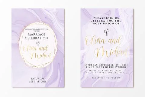 Wedding invitation template on violet liquid marble watercolor background with Illustrazione stock