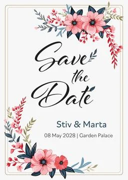 Wedding invitation vector card "Save the Date" with floral frame 스톡 일러스트
