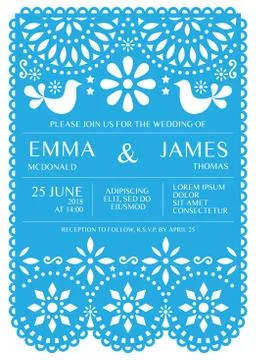 Wedding invitation vector card template - Mexican folk Papel Picado style Stock Illustration