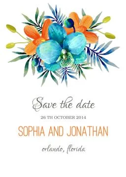 Wedding invitation watercolor with flowers Stock Illustration