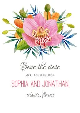 Wedding invitation watercolor with flowers Stock Illustration