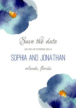 Wedding invitation watercolor with violet flowers Stock Illustration