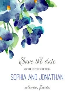 Wedding invitation watercolor with violet flowers Stock Illustration