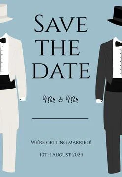 Wedding invitation for the wedding of two men with two black and white tail.. Stock Illustration