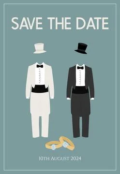 Wedding invitation for the wedding of two men with two black and white tail.. Stock Illustration