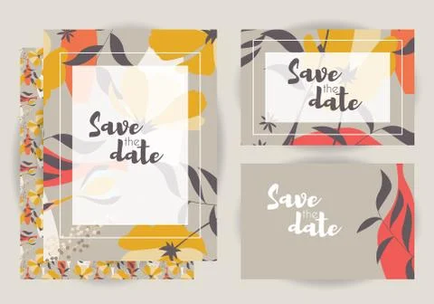 Wedding invitations, collection of vector wedding set with floral seamless pa Stock Illustration